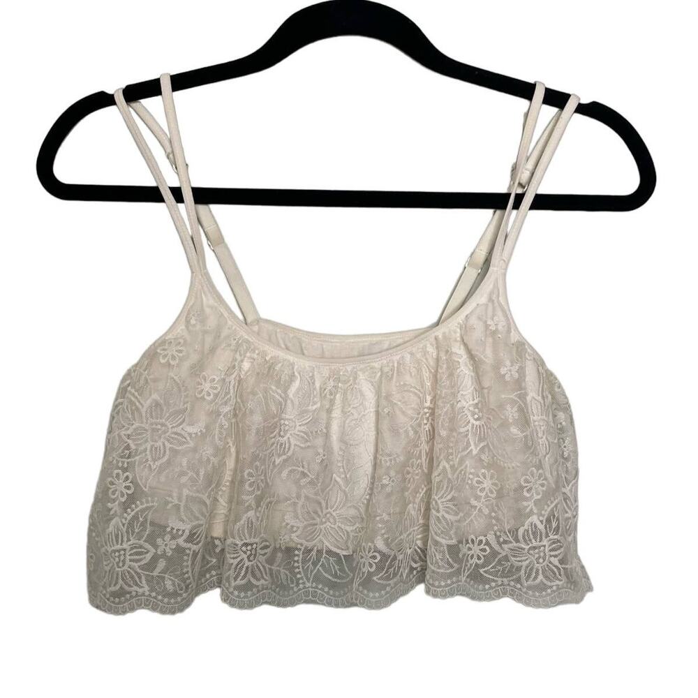 Aerie Spaghetti Strap Scoop‎ Neck Floral Lace Overlay Bra Top Cream Womens Large